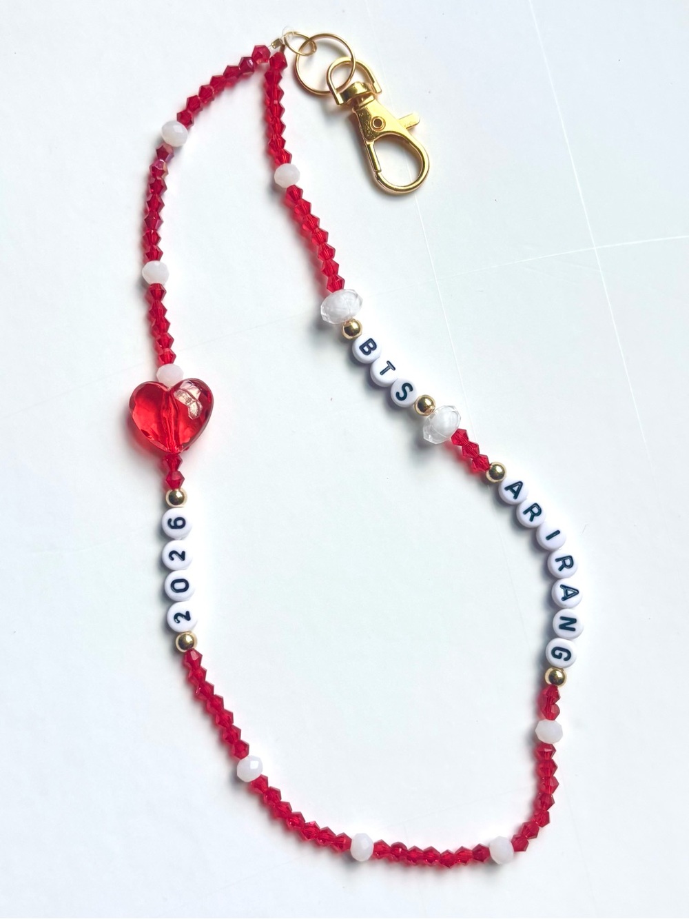 BTS ARIRANG 2026 BEADED LOOP KEYCHAIN ARMY BOMB STRAP RED WHITE GOLD